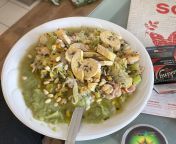 My friends breakfast. Broccoli &amp; cauliflower soup(?) with a garnish of seafood mix, shrimps, celery, 3 different types of cabbage, mango (all boiled), nuts, oils and roasted plantains. Home made nut milk as sauce. Boiled blueberries for dessert. from cabbage famliy