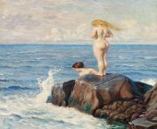 Paul G. Fischer (1860-1934) - Young Women Bathing from the Cliffs from adivasi women bathing