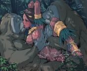 Deep in the jungle, the veil of the night shrouds a salacious scene: Princess Mia, arms entangled in vine, desperately resisting the feral violation of two massive orangutans and the rapid hefty thrusts into her buxom body. [Civilization Online] (artist:from veiled veil of the doctor