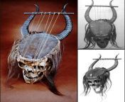 Lyre from Central Africa made from a human skull and Antelope horns from tiger baby and antelope suckle mil