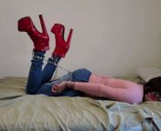 Selfbondage hogtied and struggling in sexy red boots from cl8565 sexy red boots on