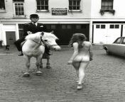 Woman walking nude past man on horseback, c. 1960s from teens walking nude