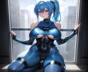 blue eyes, ((blue superhero costume)), ((spandex)), (tight clothes), ((boob window)), ((cleavage), breasts, large breasts, busty, sexy, (light blue hair), (short), (long ponytail), full body, fishnets, fishnet, makeup, thighs, ((exposed shoulders)), ((exp from south indian aunty thighs exposed masala