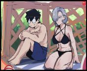 Kota Tadano and Sayuri Kawai resting at the poolside. (Quick Doodle) from tsetsiumiko kawai