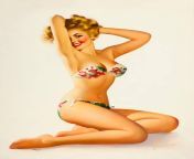 Edward Runci - &#34;Floral Bikini&#34; - 1950&#39;s Pin-up Calendar Illustration from The Shaw-Barton Calendar Co. - Runci painted a series of illustrations featuring his ladies in bathing suits during the 1950s. from ladies hot bathing