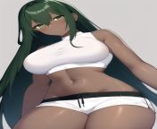 dark green hair, long hair, very dark skin, white crop top, black short shorts, large breasts, green eyes, mature female (Named her Maeve) from black angry with large breasts