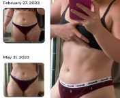 F/27/52 [158 &amp;gt; 151 = 7lbs lost] (3 months) my obliques showed up during a 2 week pause ? from he showed porn during a presentation