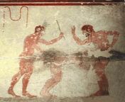 An Etruscan fresco, at the Tomb of the Whipping, showing two men flagellating a woman with a whip and a hand during an erotic situation. 490 BCE, Necropolis of Monterozzi, Italy [1300x1267] from indian girl two men