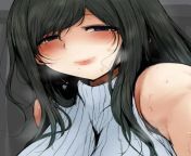 Color 1girl, bare arms, bare shoulders, black hair, blue eyes, blue sweater, blush, breath, hair over shoulders, half-closed eyes, large breasts, lips, long hair, looking at viewer, mature female/milf, mole under eye, mole under mouth, sleeveless sweater, from konachan com 287158 ass bed black hair blue eyes blush bra breasts cameltoe condom long hair navel nipples open shirt panties stockings thighhighs underwear wet