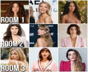 Pick one celeb from each room for an aggressive lesbian threesome. Also mention who wears strapon. from aggressive lesbian kissing