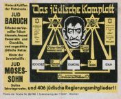&#39;The Jewish Conspiracy&#39; (German Nazi miniature card from &#39;Parole der Woche&#39; (Word of the Week) series, 10-16 December 1941. Zentralverlag der NSDAP. Mapping out alleged power structures and key Jewish figures: Bernard Mannes Baruch (USA) a from jewish