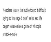 In a news article about a Brazilian man who has 9 wives. Most of the article was brand new sentences but whoopie whack-a-mole is my favorite. from sexzen article jpg