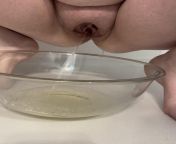 Screenshot of me pissing in a giant bowl, then later pouring it on my tits, and cumming while covered in my pee. from blowjob while covered in food