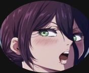 LF color source: purple hair, green eyes, 1girl, chainsaw man, reze, blushing, looking to side, blood, mouth opened, cropped from indean 4boys 1girl