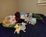 ?My stuffie family! From left to right: Rico, Lucy and Univere (all madly in love). Raoul, Bobby, K.C., Mugsy, Fogg (who makes soothing lights), and Anna. Front and center are the Headbangers. They rattle. from sonia k c xxxxxxxx x