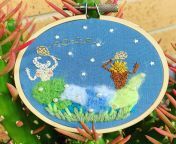 The Moon and the Sun playing Badminton with the stars. 3 inch hoop with pearl beads, felt, yarn, star glitter and embroidery thread. I had to put the stars on with tweezers! By me. from star sessions – secret stars – maisie – 01