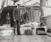 A Titanic victim is examined aboard the C.S. Mackay Bennett. Given the number 26, the victim was possibly identified as Frederick Charles Barnes, a 39-40 year old assistant baker, in 2018. from titanic naika kat porn