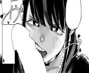 Mono 1girl, biting penis, black hair, blank censor/full censor, blank speech bubble, blush, choker, close-up, ear piercing, face, fang, fellatio/blowjob, heart-shaped pupils, hearts, lip piercing, looking at viewer, necklace, parted lips, sfx, swept bangs from ear piercing