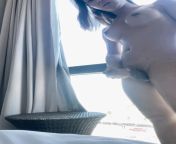 Thai ladyboy lasted 2 minutes to bust a risky nut by the window. from thai ladyboy hairy